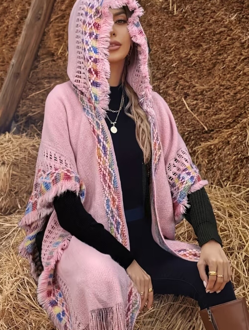 Pink Fringe Boho Knit Shawl Hoodie with Multicolor Trim - Picture 3 of 8